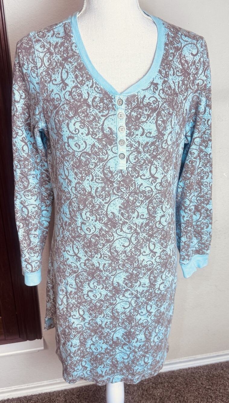 Sahalie Thermal henley dress casual stretchy aqua & brown geo print sz M